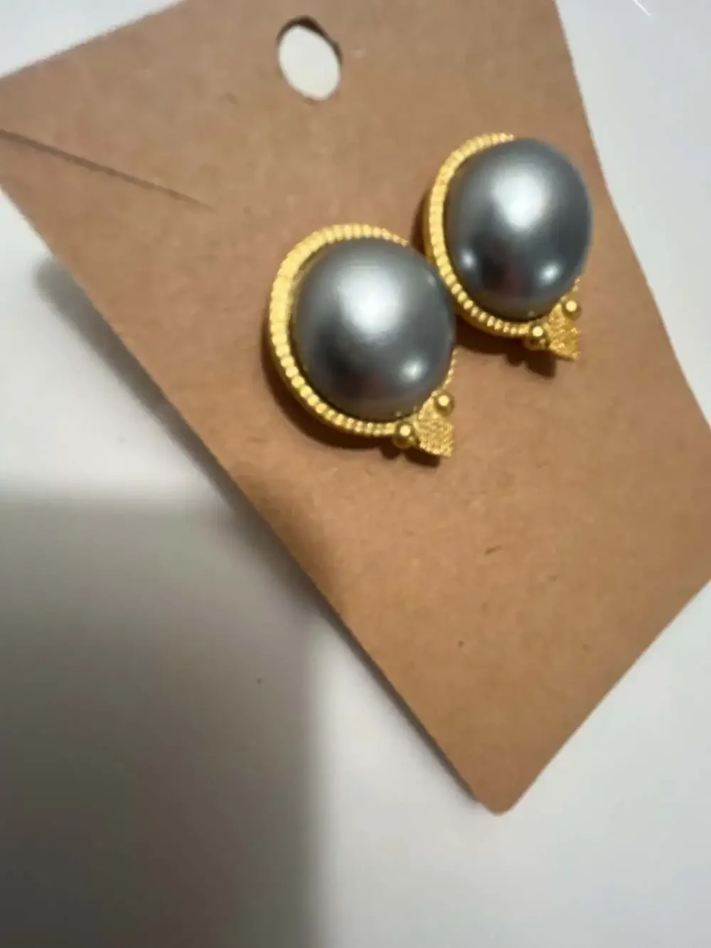 Vintage Nolan Miller Faux Gray Pearl Gold Tone Stud Earrings